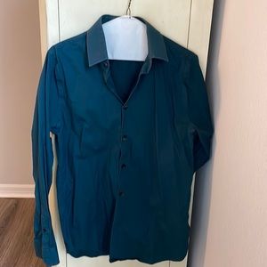 Express 1MX extra slim dark green long sleeve button down dress shirt.